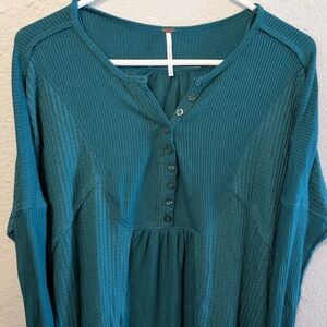 Free People Leo Oversize Henley Soft Waffle Knit Tunic Top Teal Green XS